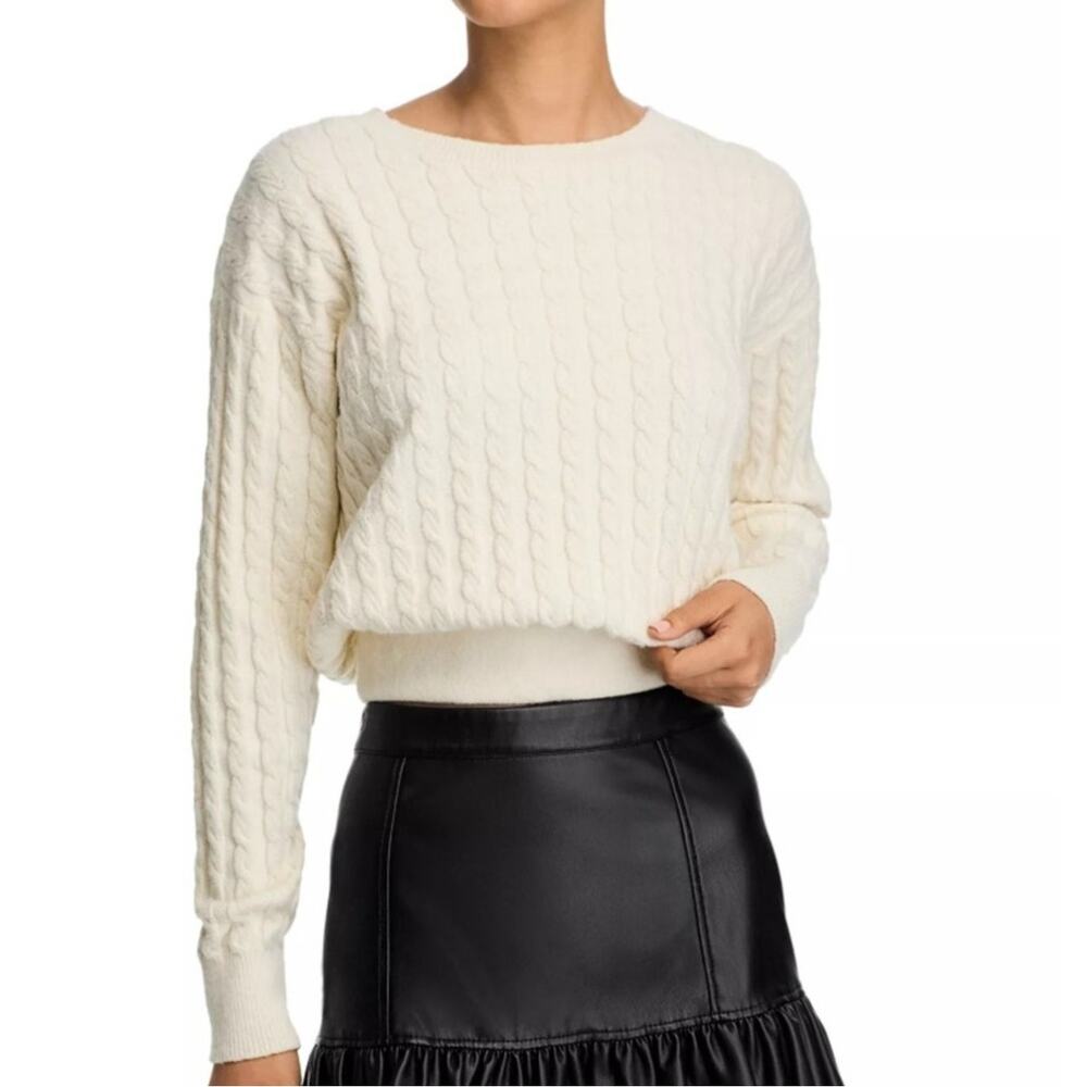 Steve Madden Women Cream Cozy Soft Cable Knit Minna Crew Neck Sweater Size M
